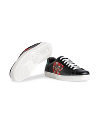 schwarze bedruckte Leder niedrige Sneakers von Gucci