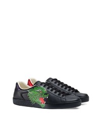 schwarze bedruckte Leder niedrige Sneakers von Gucci