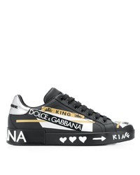 schwarze bedruckte Leder niedrige Sneakers von Dolce & Gabbana