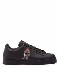 schwarze bedruckte Leder niedrige Sneakers von Dolce & Gabbana