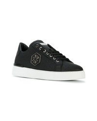 schwarze bedruckte Leder niedrige Sneakers von Philipp Plein