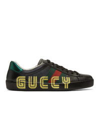 schwarze bedruckte Leder niedrige Sneakers von Gucci