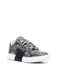 schwarze bedruckte Leder niedrige Sneakers von Philipp Plein