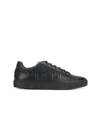 schwarze bedruckte Leder niedrige Sneakers von Philipp Plein
