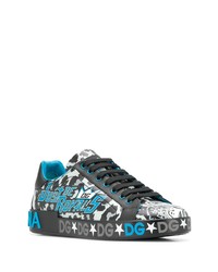 schwarze bedruckte Leder niedrige Sneakers von Dolce & Gabbana