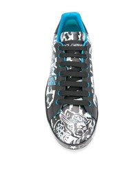 schwarze bedruckte Leder niedrige Sneakers von Dolce & Gabbana