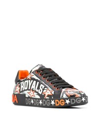 schwarze bedruckte Leder niedrige Sneakers von Dolce & Gabbana