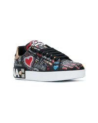 schwarze bedruckte Leder niedrige Sneakers von Dolce & Gabbana