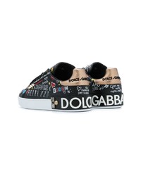 schwarze bedruckte Leder niedrige Sneakers von Dolce & Gabbana