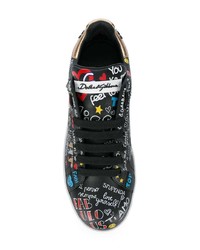 schwarze bedruckte Leder niedrige Sneakers von Dolce & Gabbana