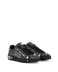 schwarze bedruckte Leder niedrige Sneakers von Dolce & Gabbana