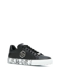 schwarze bedruckte Leder niedrige Sneakers von Philipp Plein