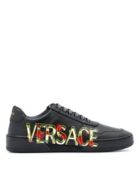 schwarze bedruckte Leder niedrige Sneakers von Versace
