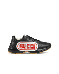 schwarze bedruckte Leder Sportschuhe von Gucci