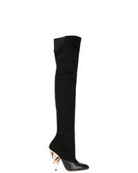 schwarze bedruckte Overknee Stiefel aus Wildleder