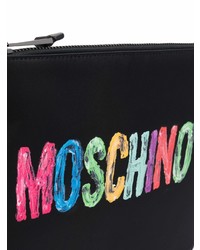 schwarze bedruckte Segeltuch Clutch Handtasche von Moschino