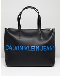 schwarze bedruckte Shopper Tasche aus Leder von Calvin Klein