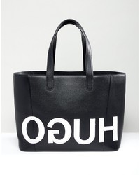 schwarze bedruckte Shopper Tasche aus Leder von Hugo