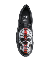 schwarze bedruckte Slip-On Sneakers aus Leder von Philipp Plein