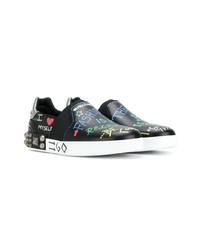 schwarze bedruckte Slip-On Sneakers aus Leder von Dolce & Gabbana