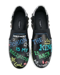 schwarze bedruckte Slip-On Sneakers aus Leder von Dolce & Gabbana