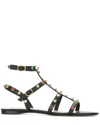 schwarze beschlagene flache Sandalen aus Leder von Valentino Garavani