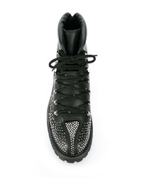 schwarze beschlagene flache Stiefel mit einer Schnürung aus Leder von Valentino