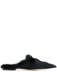 schwarze bestickte Leder Slipper von Alberta Ferretti