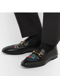 schwarze bestickte Leder Slipper von Gucci