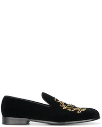 schwarze bestickte Leder Slipper von Dolce & Gabbana