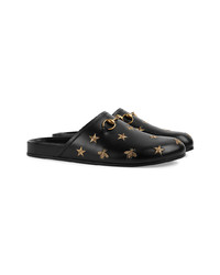 schwarze bestickte Leder Slipper von Gucci