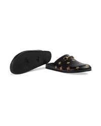 schwarze bestickte Leder Slipper von Gucci