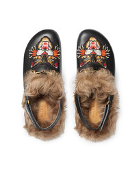 schwarze bestickte Leder Slipper von Gucci