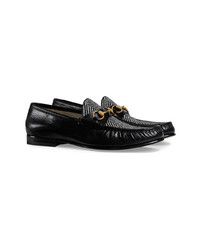 schwarze bestickte Leder Slipper von Gucci