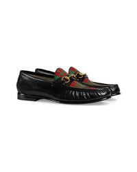 schwarze bestickte Leder Slipper von Gucci