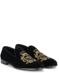 schwarze bestickte Leder Slipper von Dolce & Gabbana