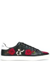 schwarze bestickte Leder Turnschuhe von Dolce & Gabbana