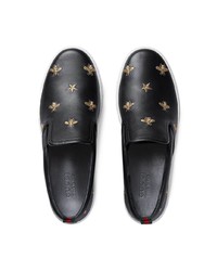 schwarze bestickte Slip-On Sneakers aus Leder von Gucci