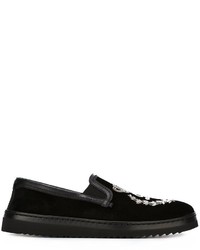 schwarze bestickte Slip-On Sneakers aus Wildleder