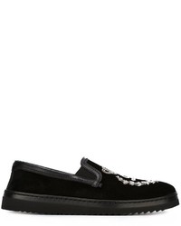 schwarze bestickte Slip-On Sneakers aus Wildleder von Dolce & Gabbana