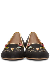 schwarze bestickte Wildleder Slipper von Charlotte Olympia