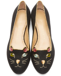 schwarze bestickte Wildleder Slipper von Charlotte Olympia