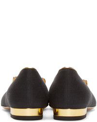 schwarze bestickte Wildleder Slipper von Charlotte Olympia