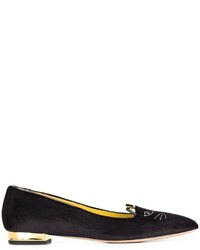 schwarze bestickte Wildleder Slipper von Charlotte Olympia