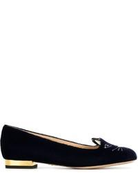 schwarze bestickte Wildleder Slipper von Charlotte Olympia