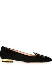 schwarze bestickte Wildleder Slipper von Charlotte Olympia