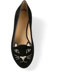 schwarze bestickte Wildleder Slipper von Charlotte Olympia