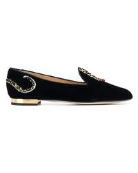 schwarze bestickte Wildleder Slipper von Charlotte Olympia