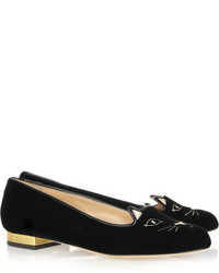 schwarze bestickte Wildleder Slipper von Charlotte Olympia