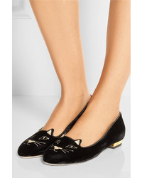 schwarze bestickte Wildleder Slipper von Charlotte Olympia